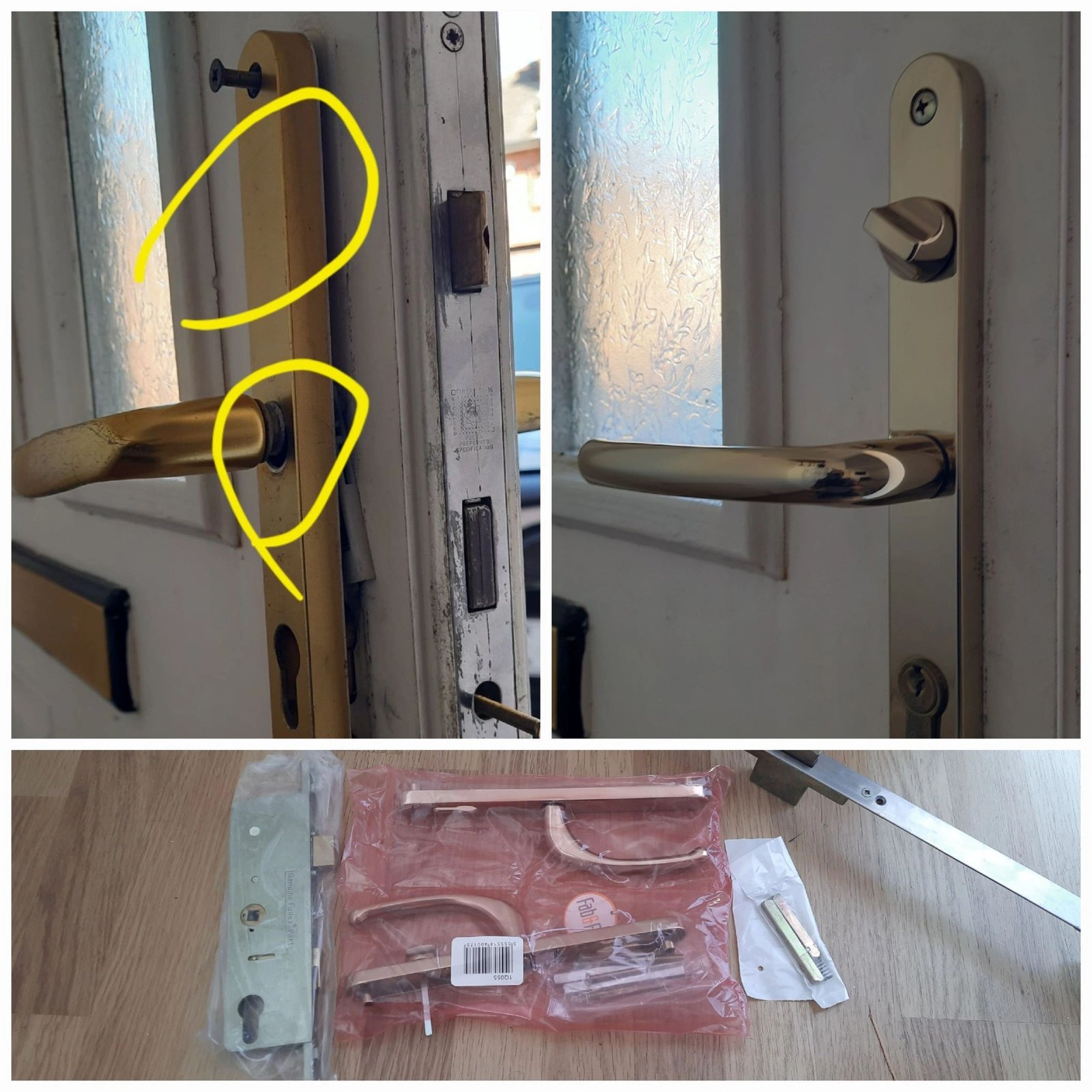 uPVC door multipoint gearbox and latch-hold-back handle replacement in Egham