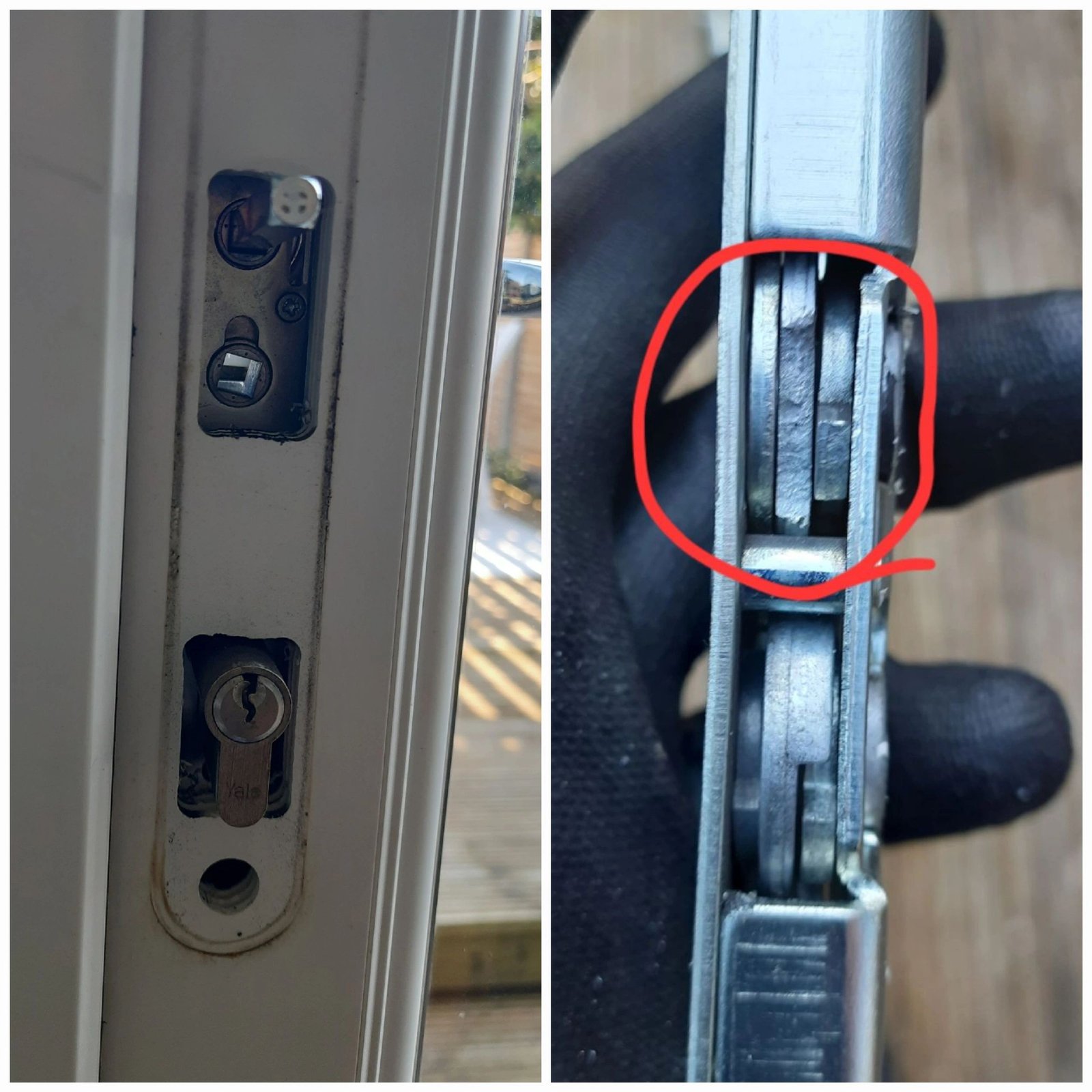 Failed multipoint gearbox removed from a blocked uPVC door in Sandhurst