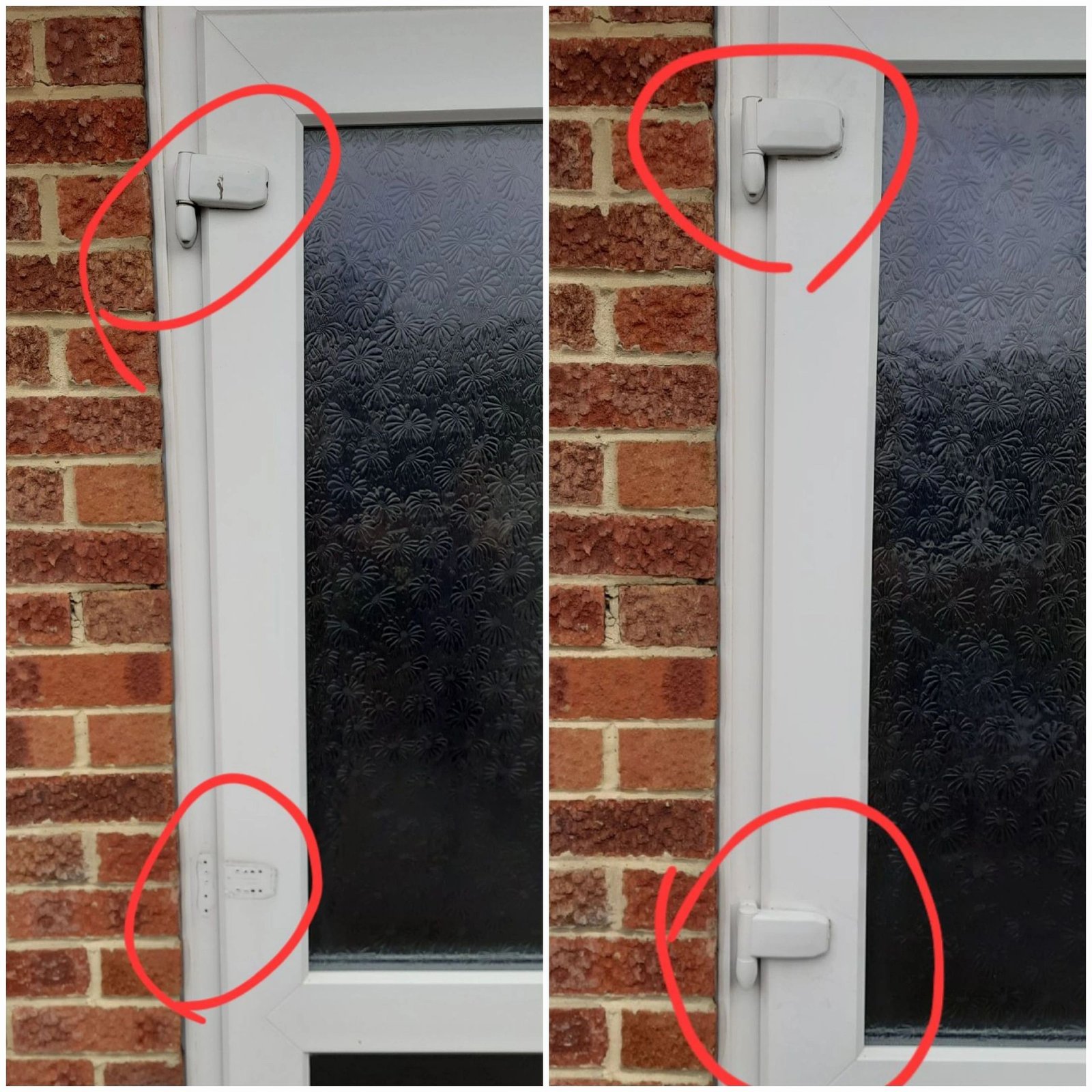 Replacement hinges fitted to a uPVC garden door in Feltham